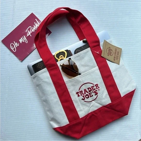 NWT Trader Joe’s Mini Canvas Tote Bag - Limited Edition Red & Cream - Picture 1 of 12